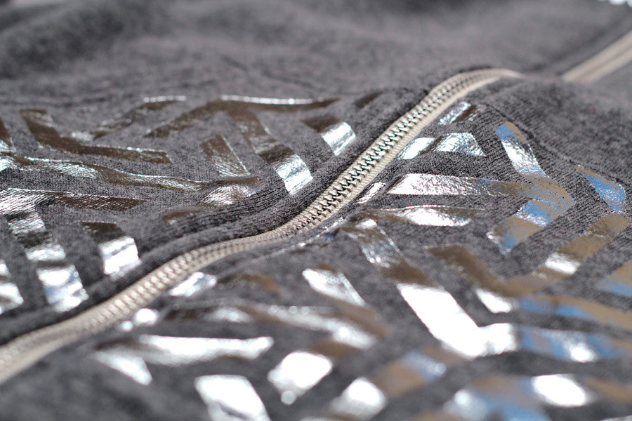 Silver foil pattern on hoodie kangaroo pocket