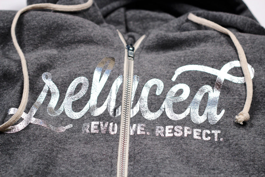 Silver foil Relaced logo on heather grey hoodie
