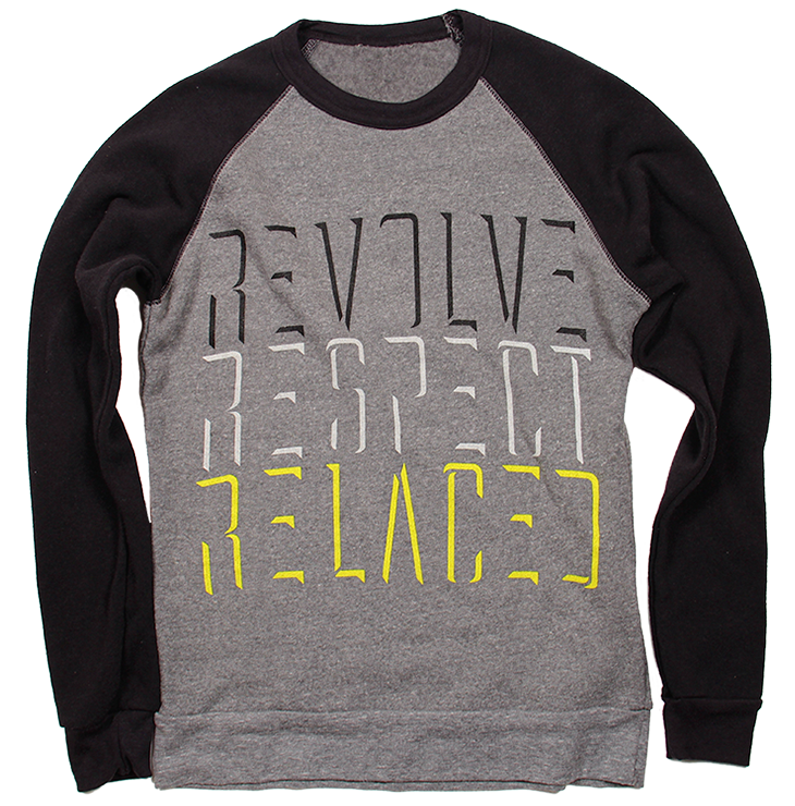 Motto in neon and black on black and grey two-tone raglan